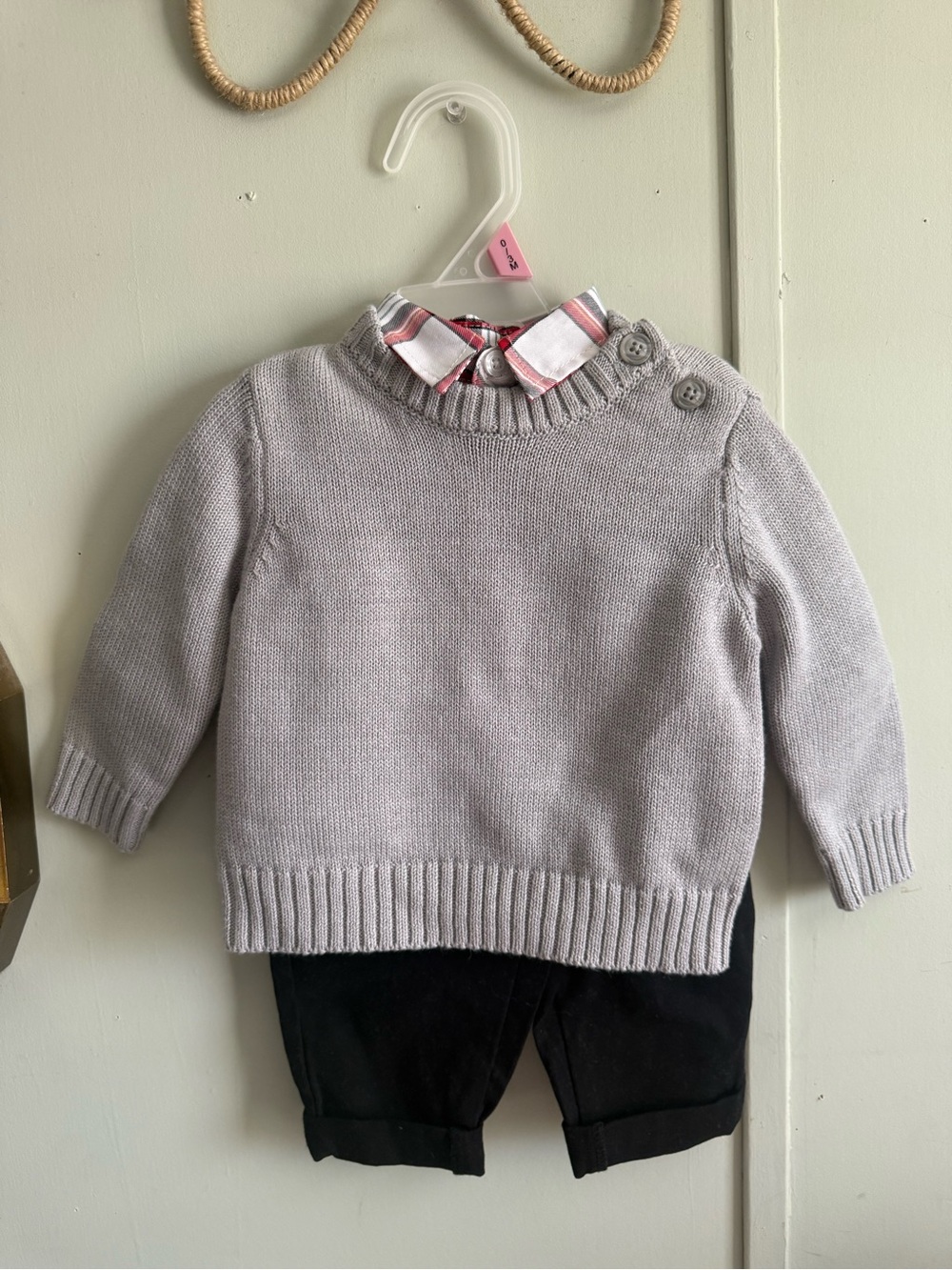Toddler Light Gray Knit Sweater with Plaid Collar Shirt and pants